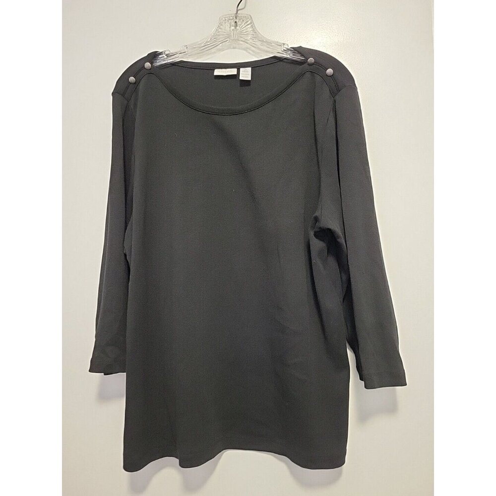 Chicos Size 3 100% Cotton Blouse Studded Detail On Sholders 3/4 Sleeves Black XL